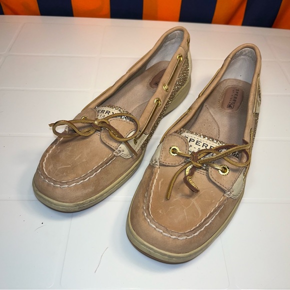 Sperry Top-Sider Classic Boat Shoe 2-Tone Tan W Gold & Sparkling Silver size 10M - Picture 4 of 7